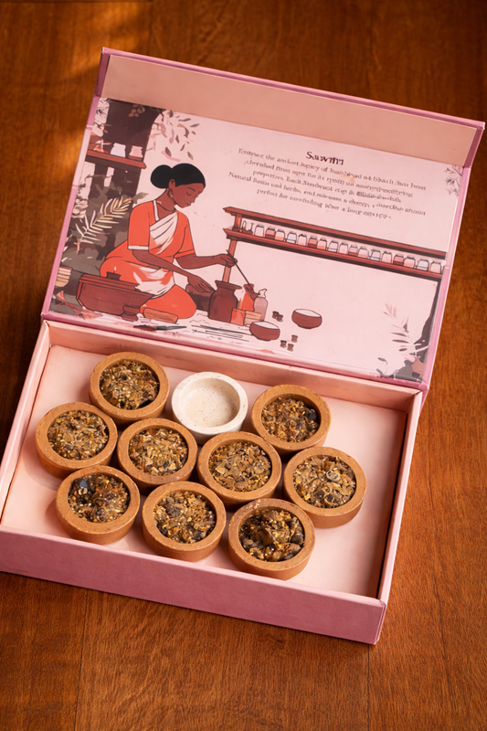 Buy Saavitri Sambrani Cups (Havan Cups) – natural dhoop cups for pooja, home purification & positive energy. Long-lasting, traditional fragrance.