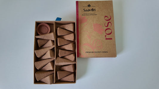 Box of incense cones with a Saaviti branded box on a white background