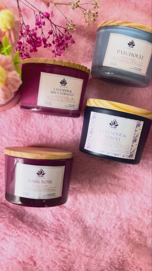Saavitri Scented Candles Collection – Lavender, Spicy Tobacco, Patchouli, Dark Rose & Lavender Neroli