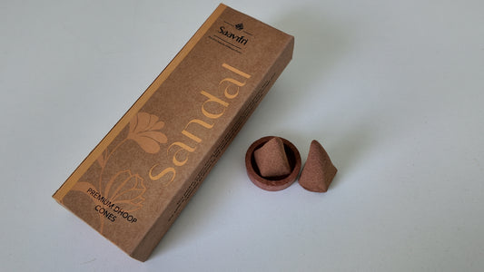 Saavitri Sandalwood Incense Cones with Holder | Premium Natural Dhoop Cones | Long Lasting Sandal Fragrance | Incense for Meditation, Yoga, Puja, Home Fragrance & Aromatherapy