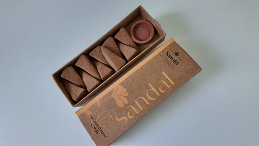 Saavitri Sandalwood Incense Cones with Holder | Premium Natural Dhoop Cones | Long Lasting Sandal Fragrance | Incense for Meditation, Yoga, Puja, Home Fragrance & Aromatherapy